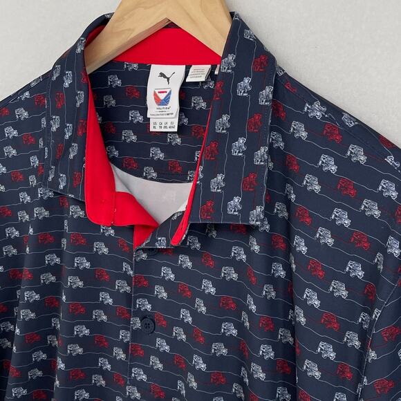 PUMA Shirt Mens XL VOLITION AMERICA 4x4 Drive Golf Polo Stretch Black Navy Blue - Picture 1 of 14